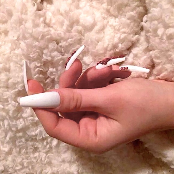 SOLD STUNNING FANCY Red Crystals Design White Press On Nails - Picture 4 of 4